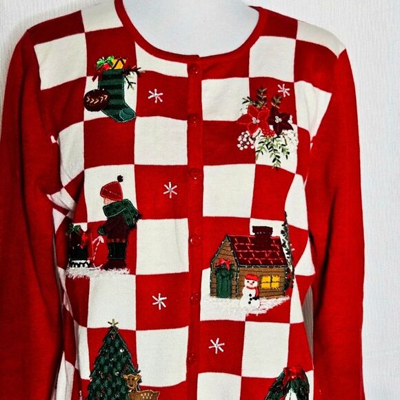 Dress Barn Embellished Red & White Checkered Ugly Christmas Cardigan Sweater - Picture 3 of 12